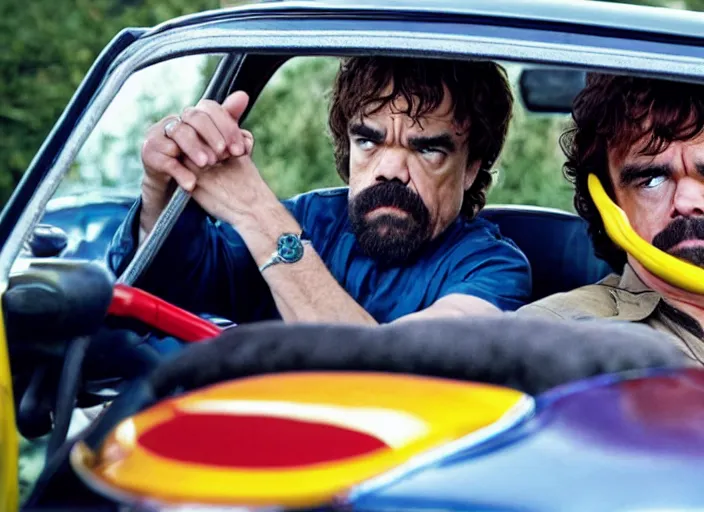 Image similar to peter dinklage and burt reynolds driving a little tikes cozy coupe, movie still, from the new smokey and the bandit, 8 k, realistic