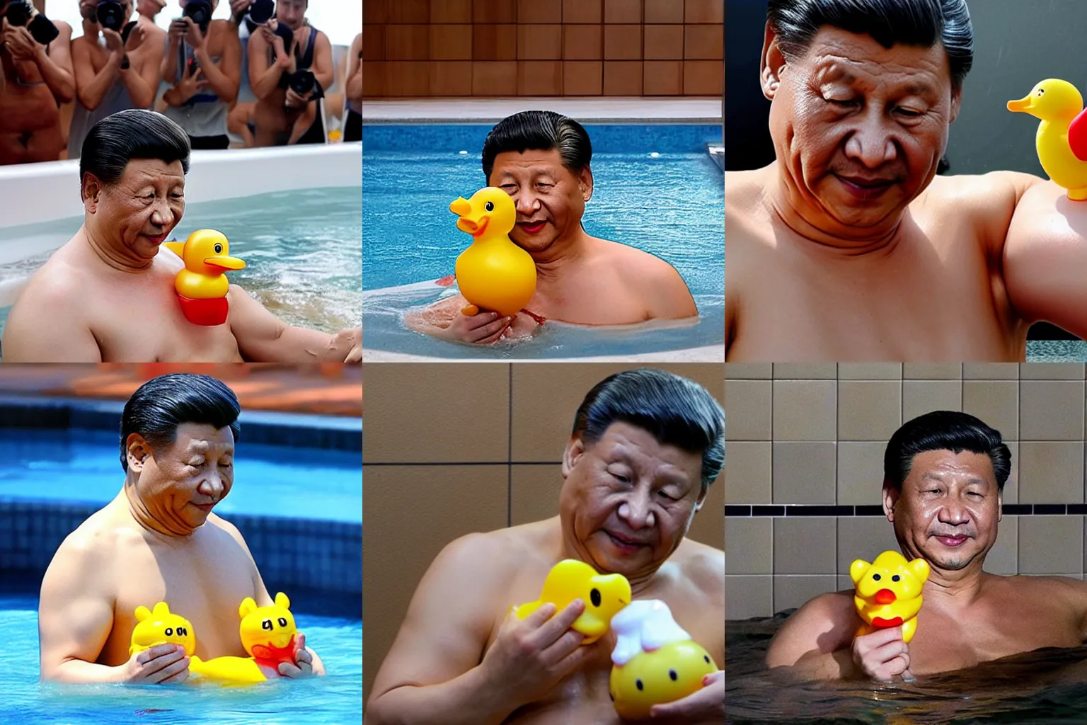 Prompt: xi jinping shirtless taking a bath with a rubber duck