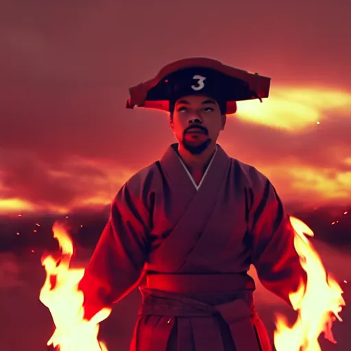 Image similar to cinematic film still of Chance The Rapper starring as a Samurai holding fire, Japanese CGI, VFX, 2022, 40mm lens, shallow depth of field, film photography