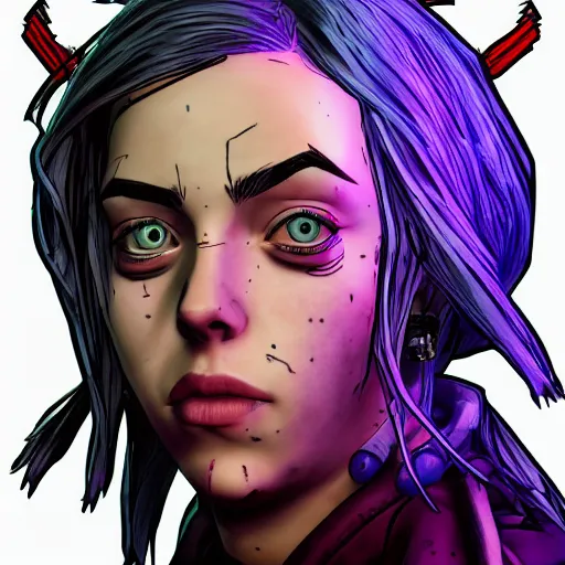 Image similar to billie eilish portrait, borderlands, tales from the borderlands, the wolf among us, comic, cinematic lighting, studio quality, 8 k