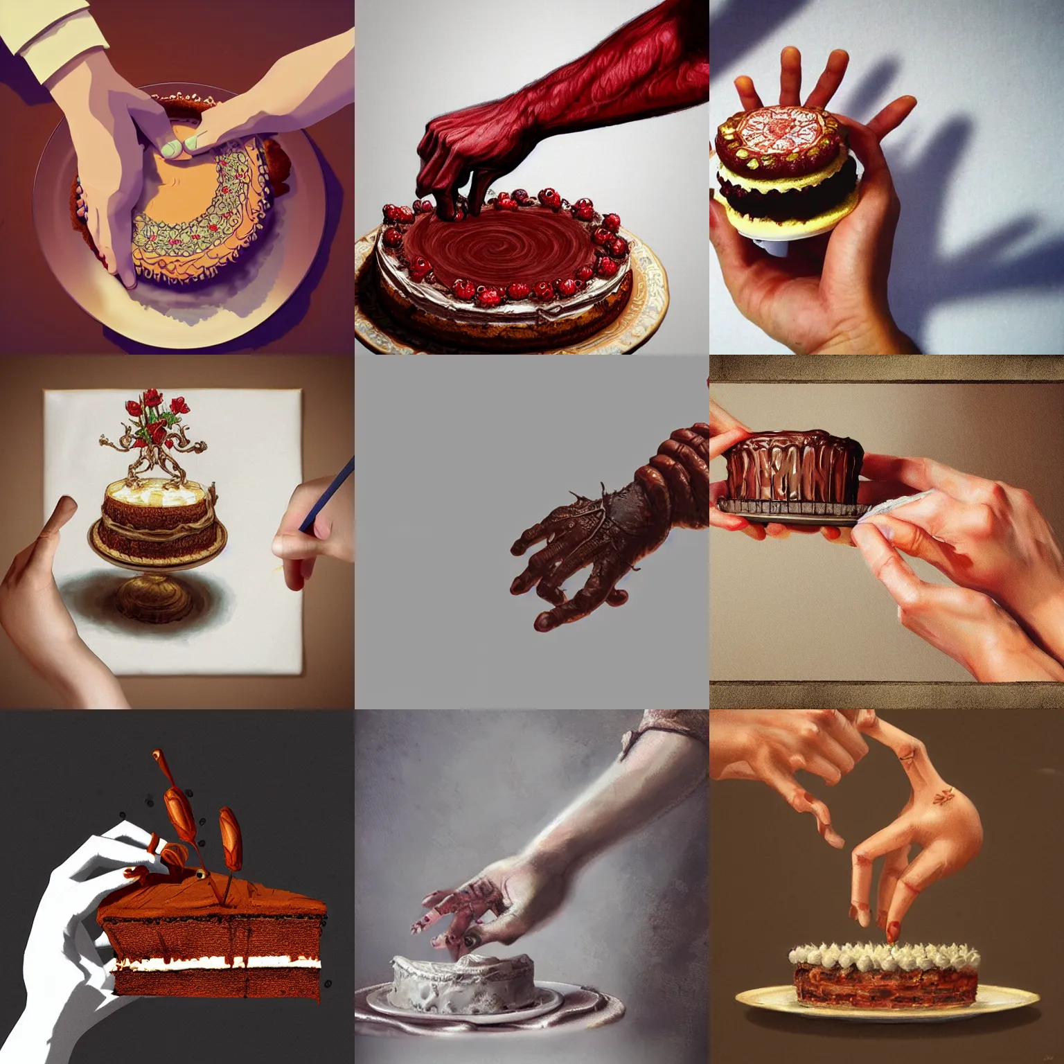 Prompt: an ornate hand reaches for a piece of cake, artstation, realistic