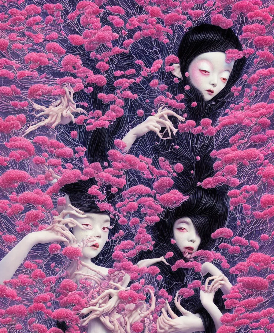 Image similar to hyper detailed 3d render like a Oil painting - kawaii portrait Aurora demon (ancient black haired Fae acrobat) seen Eating of the Strangling network of yellowcake aerochrome and milky Fruit and Her delicate Hands hold of gossamer polyp blossoms bring iridescent fungal flowers whose spores black the foolish stars drawn by Takato Yamamoto and Katsuhiro Otomo, full body character drawing, inspired by Evangeleon, clean ink detailed line drawing, intricate detail, extremely detailed, 8k