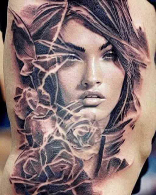 Image similar to double exposure effect tattoo sketch of a megan fox faded with a beautiful mountain scenery, surreal, in the style of matteo pasqualin, amazing detail, sharp