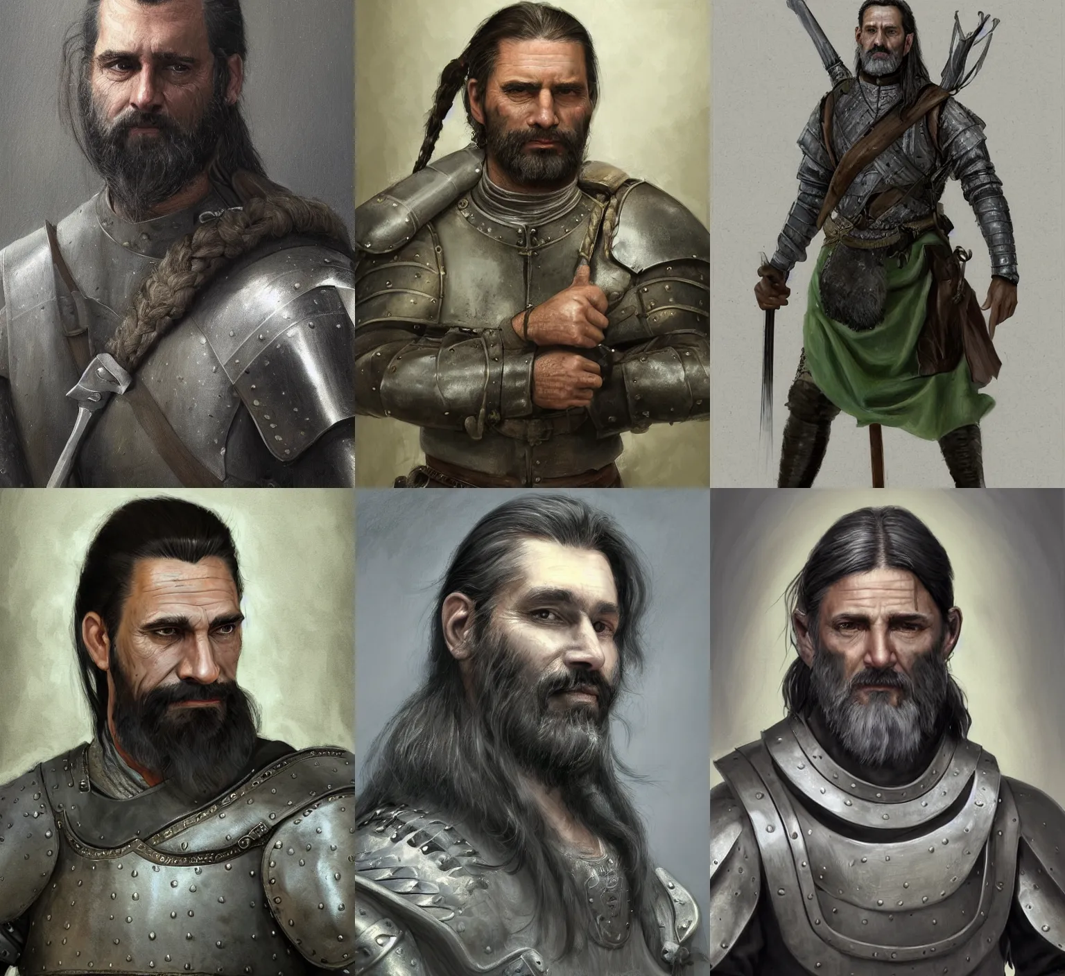 Prompt: medium-length portrait painting of a 40-year-old male hunter with dark gray hair tied into a ponytail, a scraggly goatee, long ponytail, white skin, gray eyes, stern expression, intricate gray-green leather armor, medieval setting, highly detailed, digital painting, artstation, concept art, sharp focus, illustration, art by greg rutkowski and alphonse mucha