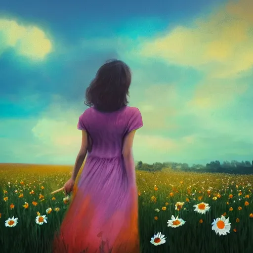 Prompt: daisy flower as a face, girl walking in flower field, holding daisy, surreal photography, sunrise, impressionist painting, colorful clouds, digital painting, artstation, simon stalenhag, flower face