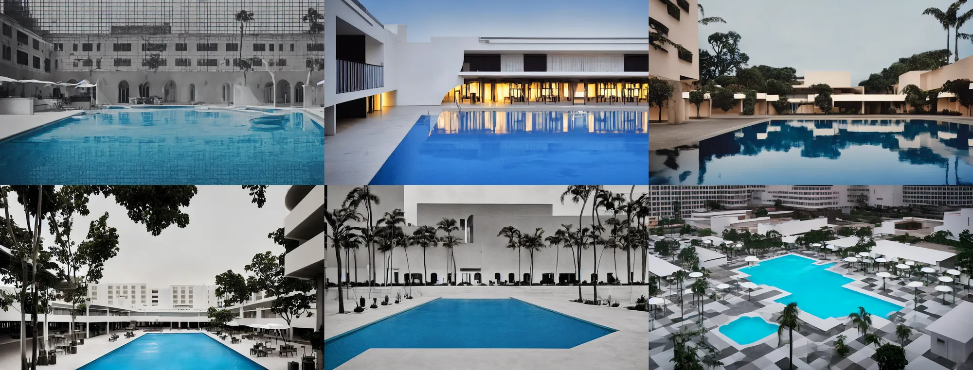 Prompt: symmetrical establishing shot of The courtyard of a monochrome modernist hotel designed by Luis Barragán, An empty swimming pool in the foreground. photographed by Wes Anderson and Andreas Gursky. In the style of David Lynch Cinematic, very dramatic lighting, moody, eerie, illustration Sigma 75mm, very detailed, golden hour, Symmetrical, centered, intricate, Dynamic Range, HDR,