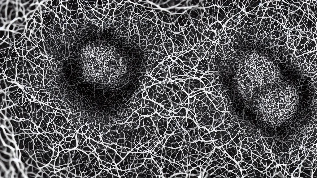 Prompt: beautiful 3 d closeup photo of deadly virus infecting a cell, seen through an electron microscope, detailed, high contrast, dark, sinister, ambient, monochrome, depth of field, scientific illustration, 8 k, octane render