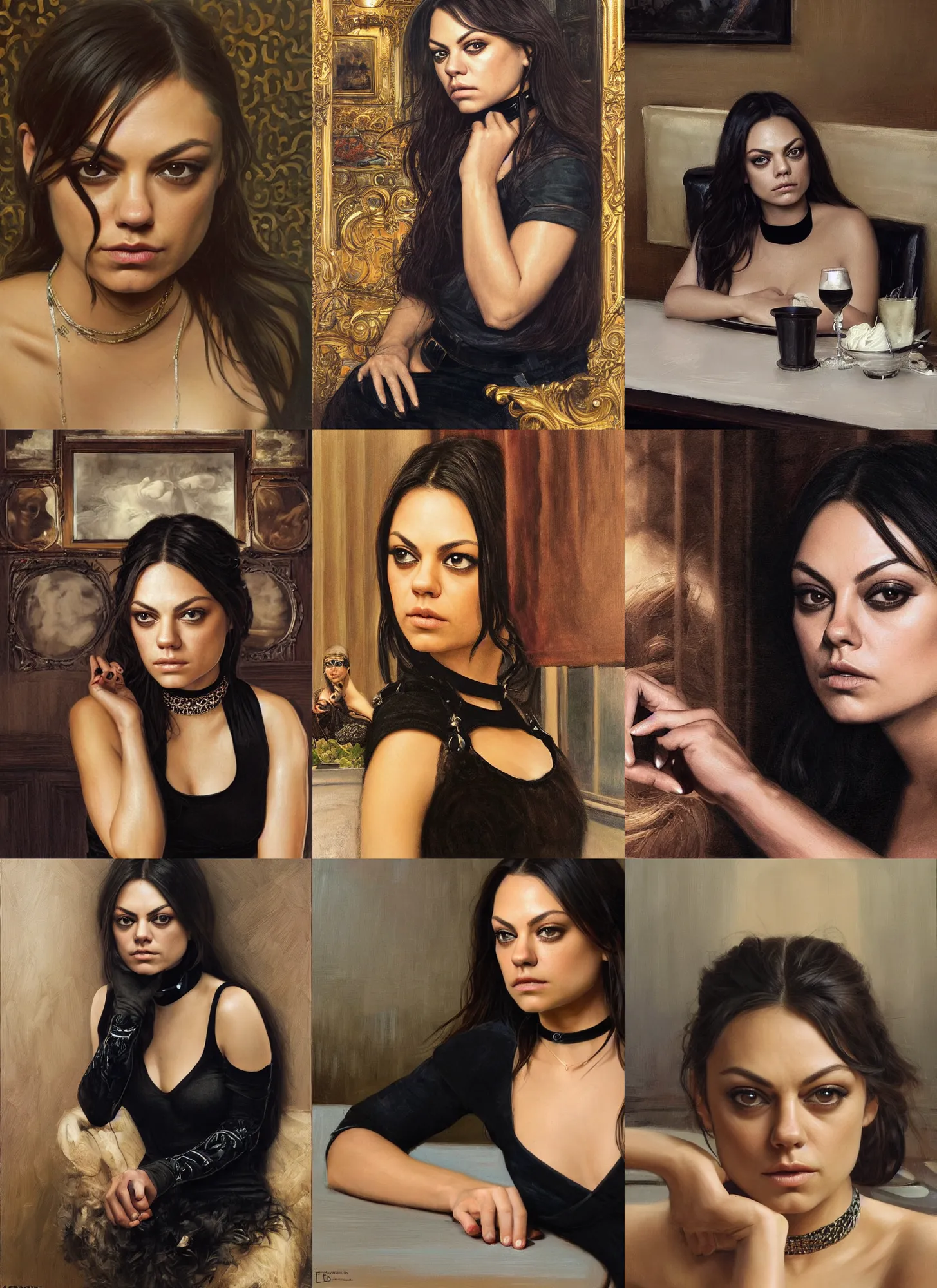 Prompt: mila kunis sitting across the camera wearing a black choker staring into the camera in an expensive restaurant, point of view, intricate, elegant, tasteful, highly detailed, shallow depth of field, artgerm, donato giancola, joseph christian leyendecker