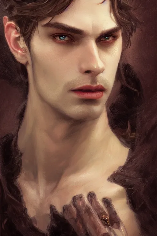 Prompt: up close portrait of a beautiful male vampire, d & d, face, fantasy, intricate, elegant, highly detailed, digital painting, artstation, concept art, smooth, sharp focus, illustration, art by artgerm and greg rutkowski and alphonse mucha