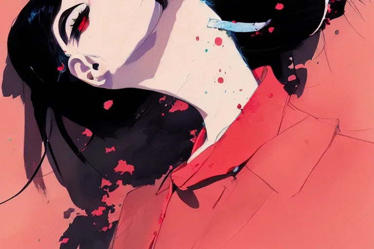 Image similar to a ultradetailed beautiful panting of a stylish woman wearing a shirt with a tie, she has black hair, by conrad roset, greg rutkowski and makoto shinkai, trending on artstation