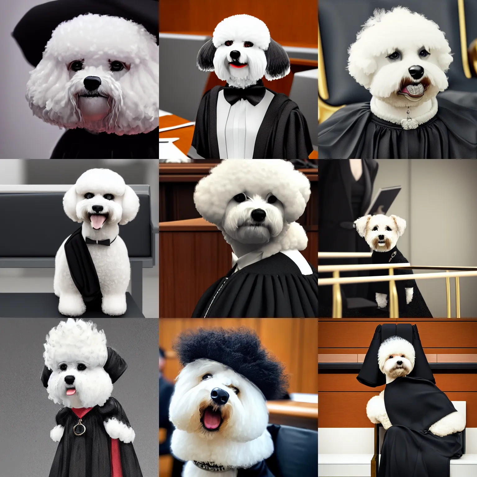 Prompt: a closeup photorealistic illustration of a smiling bichon frise judge wearing a black gown at the bench and commanding courthouse. this 4 k hd image is trending on artstation, featured on behance, well - rendered, extra crisp, features intricate detail and the style of unreal engine.