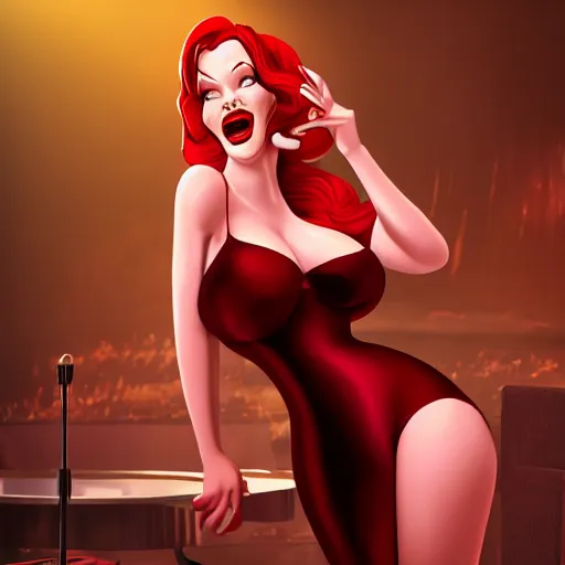 Prompt: Christina Hendricks as Jessica Rabbit singing in a lounge, Highly Detailed, cinematic lighting, intricate, artstation, Artgerm, high detail 8k render, Trending on artstation