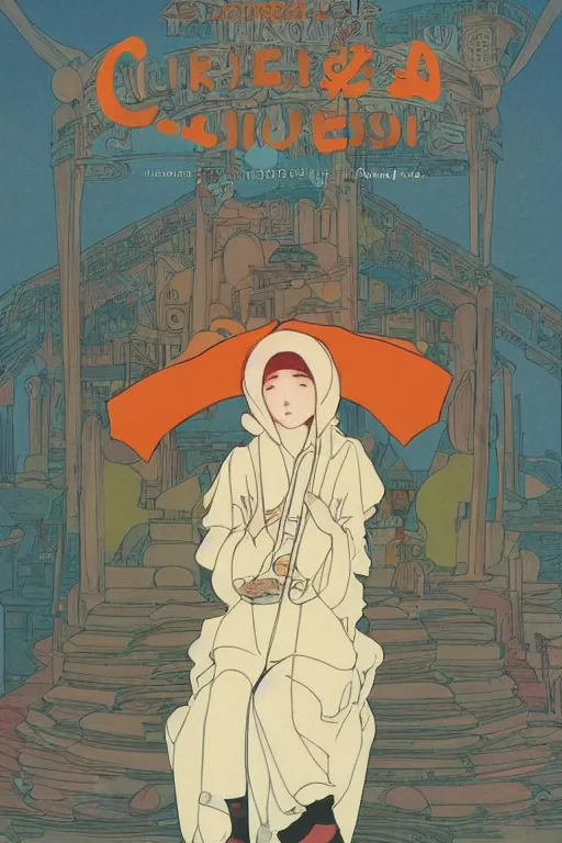 Prompt: a Girl in a large hood sitting on the ground and Slices of orange, cd and microphones float around ,Visual Communication Design by studio ghibli and mucha ,Refreshing colour