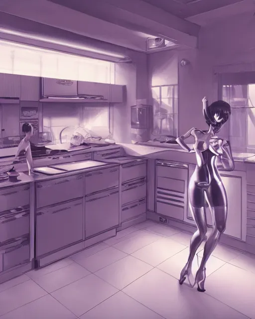 Image similar to kitchen of the 50's in the style of hajime sorayama, volumetric lighting, back lighting, rimlight, dramatic lighting, digital painting, highly detailed, artstation, sharp focus, illustration, Artgerm