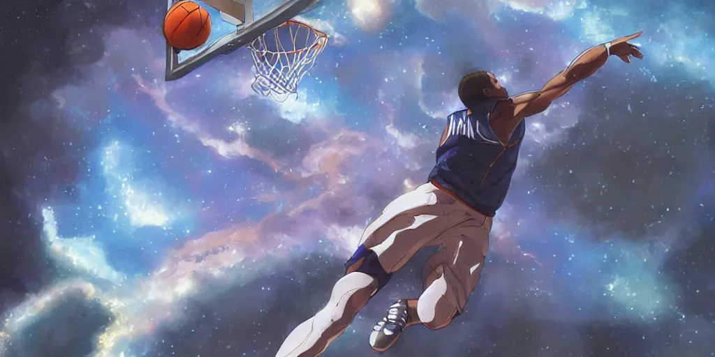 Image similar to digital painting of dunking a basketball in space, by vincent di fate and takehiko inoue, highly detailed, science fiction, anime, ghost in the shell color scheme, masterpiece