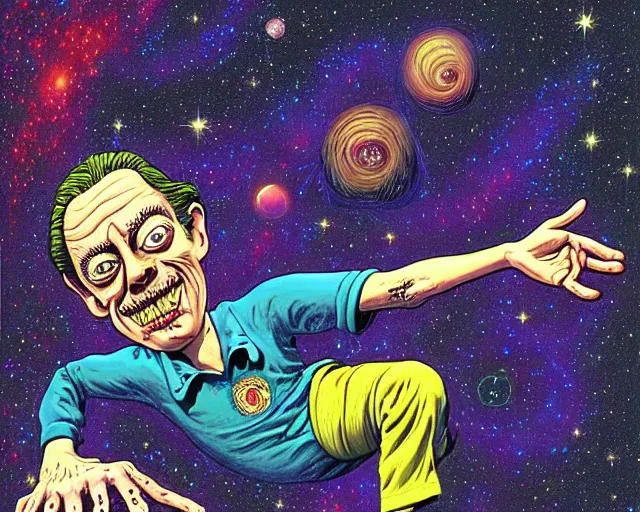 Image similar to steve buscemi swimming in a galaxy, cosmic horror painting, elegant intricate digital painting artstation concept art by basil wolverton by robert crumb by william eggleston detailed