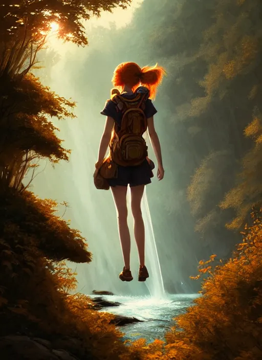 Prompt: detailed intricate digital illustration by greg rutkowski and artgerm and wlop and sanford robinson gifford ; young red - haired explorer girl with a backpack, ancient forest, shimmering waterfall in background ; 1 3 mm film, arri alfa anamorphic lens ; sharp focus, golden hour lighting, trending on artstation 4 k