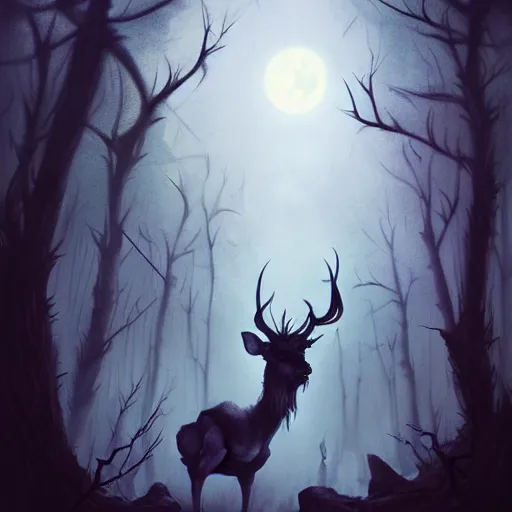 Image similar to in the style of artgerm, peter mohrbacher, rafael albuquerque, arthur rackham, wendigo, in the forest emerging from the shadows, deer skull face, antlers, fog, full moon, moody lighting, horror scary terror