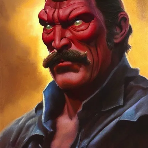 Image similar to ultra realistic portrait painting of tom selleck as hellboy, art by frank frazetta, 4 k, ultra realistic, highly detailed, epic lighting