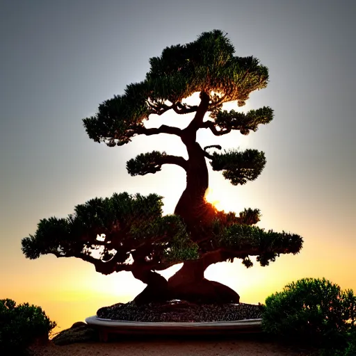 Prompt: a giant bonsai on a mountain, with sunset, far shot, HDR, 8k, trending on artstation