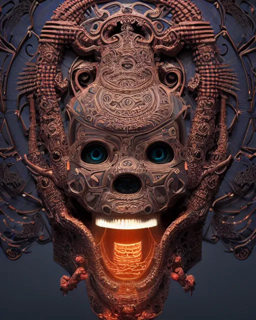 Image similar to 3 d ornate carved robot with tattoos profile portrait, sigma 5 0 0 mm f / 5. beautiful intricate highly detailed quetzalcoatl skull. bioluminescent, plasma, lava, ice, water, wind, creature, thunderstorm! artwork by tooth wu and wlop and beeple and greg rutkowski, 8 k trending on artstation