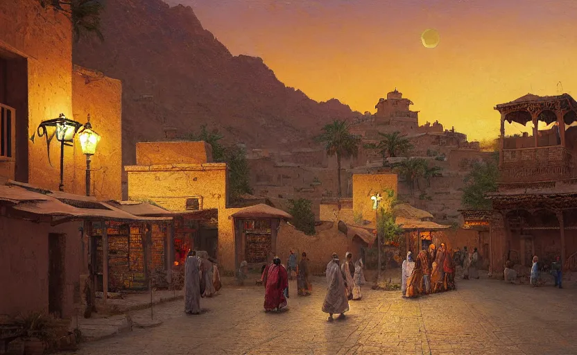 Prompt: scenic view of a merchant street intersection in a kasbah, simple adobe houses, dense architecture, colorful crowd, huge temple in the background with a round roof, at night, stars visible in the sky, set in the nevada desert, flat desert, Academic detailed painting by craig mullins and thomas kinkade and james gurney