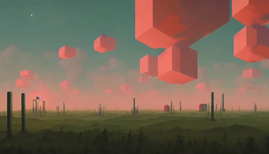 Image similar to hexagons in the sky, blocking the sun, simon stalenhag