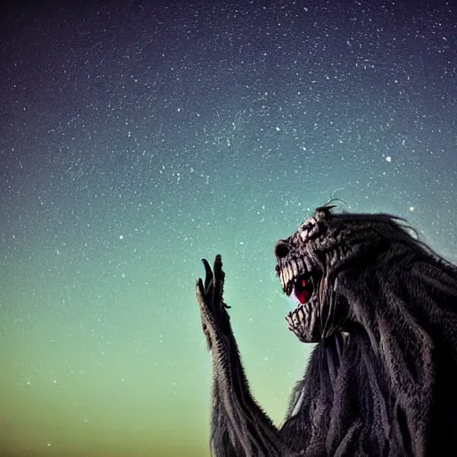 Image similar to scary monster looking at sky, sky is full green, stars, photograph, telephoto sigma 8 5 mm f / 1. 4