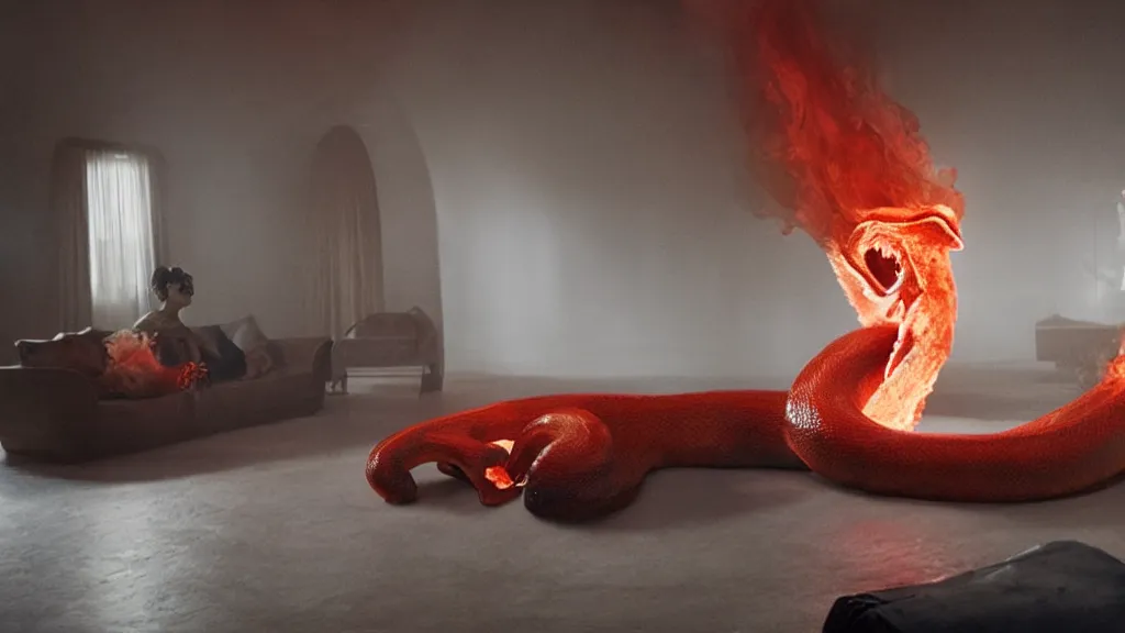 Image similar to a giant Snake made of fire and ice floats through the living room, film still from the movie directed by Denis Villeneuve with art direction by Salvador Dalí, wide lens