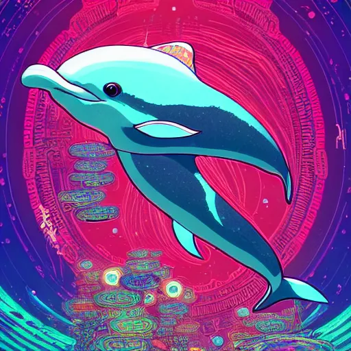 Image similar to a beautiful hyperdetailed character design 4 k wallpaper illustration of a cute dolphin, victo ngai cyberpunk style, from china, style of studio ghibli, makoto shinkai, raphael lacoste, louis comfort tiffany, artgerm, james jean, ross tran, chinese style