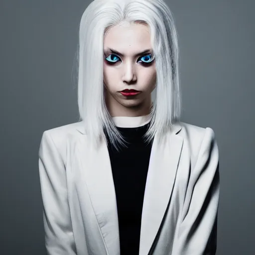 Young woman, white hair, emo makeup, wearing dress