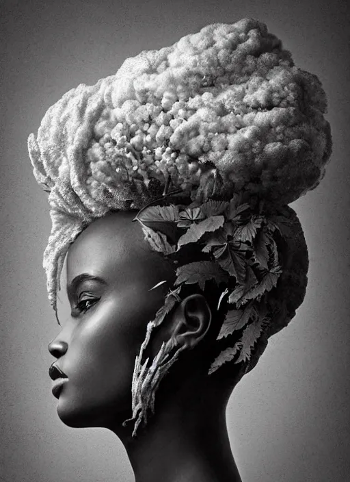 Prompt: a beautiful black woman's face in profile made of leaf and floral skeleton, in the style of the dutch masters and gregory crewdson, white hair, dark and moody aesthetic, 8 k, matte, intricate detail, hyper detailed, surrealism, fantasy, elegant,