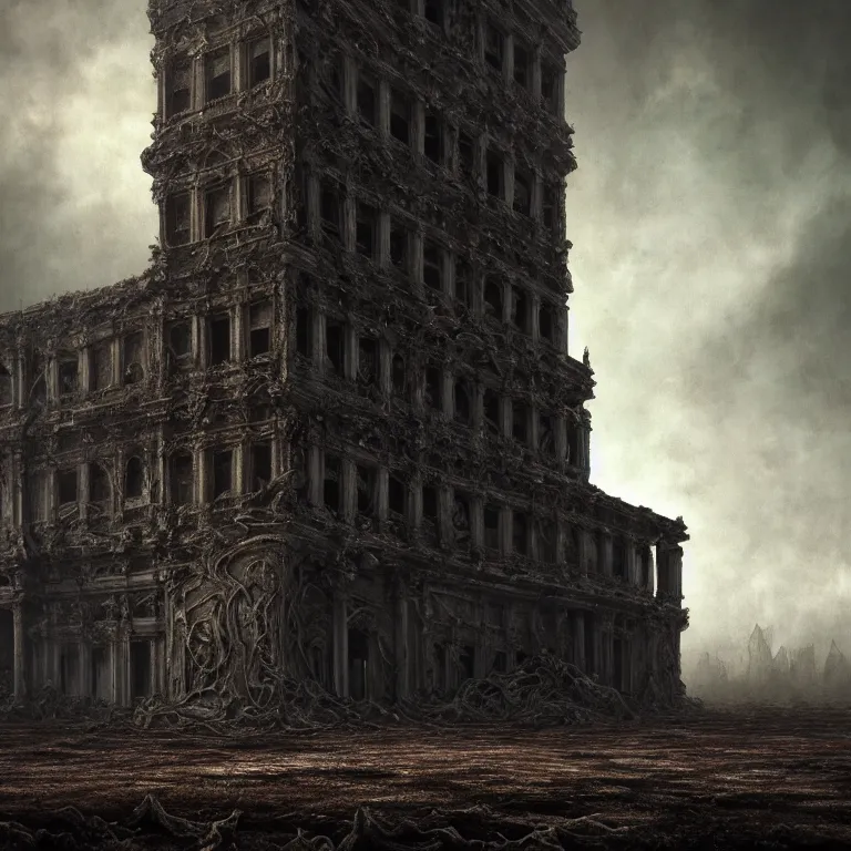 Prompt: ribbed abandoned giant building, baroque painting, standing in a desolate empty wasteland, creepy, nightmare, dream-like heavy atmosphere, surreal abandoned buildings, beautiful detailed intricate insanely detailed octane render trending on Artstation, 8K artistic photography, photorealistic, chiaroscuro, Raphael, Caravaggio, Beksinski, Giger