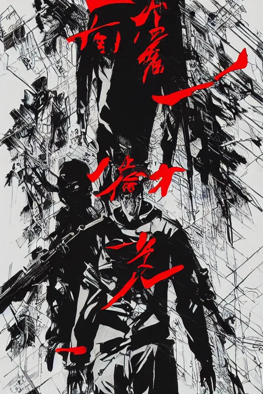 Prompt: professionally drawn seinen mature cyberpunk military horror action manga comic cover, full color, beautifully drawn coherent professional, drawn by ilya kuvshinov, ilya kuvshinov, satoshi kon, kentaro miura, dave mckean, tsutomu nihei. japanese script kanji hiragana on the cover. minimalist stylized cover art. yellow red cel shaded