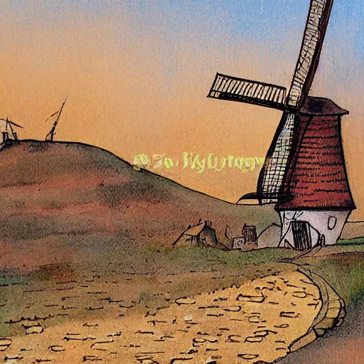 Prompt: Don Quixote arrived in the city of gold. The city was full of buildings with huge golden walls. He found a huge windmill at the entrance to the city. Don Quixote got off his horse and walked toward the windmill. Don Quixote was about to ask the windmill's gatekeeper something, but he saw a sign under the windmill. painted by Philippe Druillet