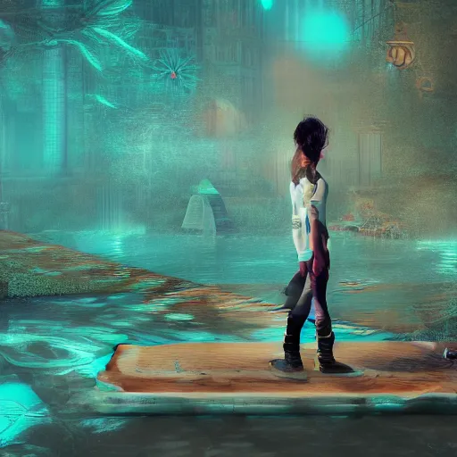 Prompt: beautiful symmetrical boy on a skateboard ramps over the pond surrounded by machine axonometric fantasy intricate elegant highly detailed in volumetric turquoise steampunk, high contrast cinematic light, mystical shadows, octane render, photographic, concept art, art high renaissance art, unreal engine 8 k