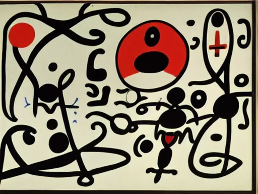 Image similar to line drawing of strange beings in a temple, Joan Miro