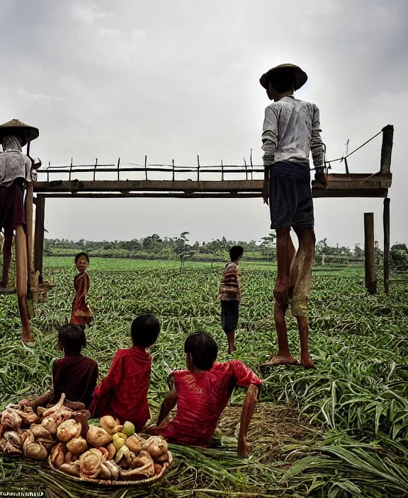 Prompt: hyperrealistic picture details Indonesian farmers stare sadly at their fields which have become buildings and bridges, winner of the best documentary photo award, with the theme of inequality and poverty