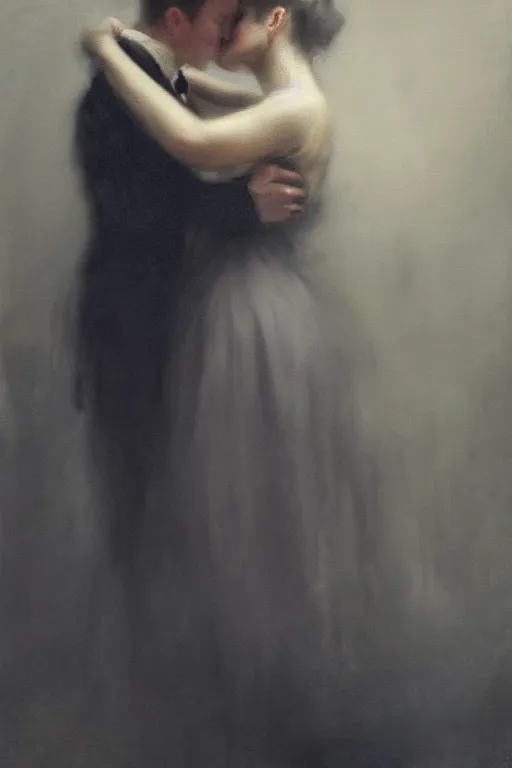 Image similar to detailed cinematic moody colors studio portrait of the memories of a victorian lady with a sensual pose kissing a gentleman with a blurred face high quality by jeremy mann, only one head single portrait