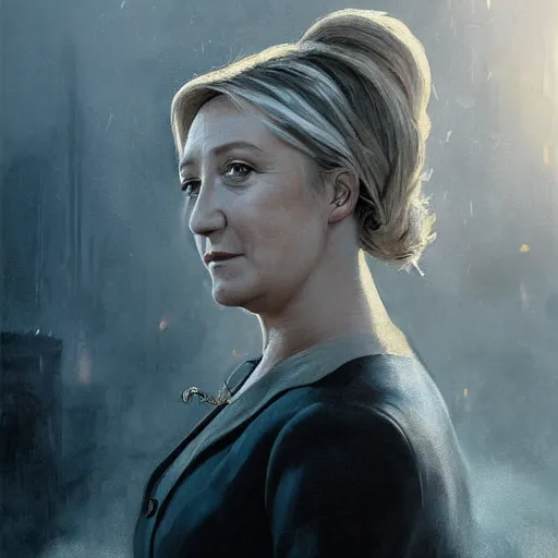 Image similar to Portrait of Marine le Pen , french revolution, amazing splashscreen artwork, splash art, head slightly tilted, natural light, elegant, intricate, fantasy, atmospheric lighting, cinematic, matte painting, detailed face, by Greg rutkowski