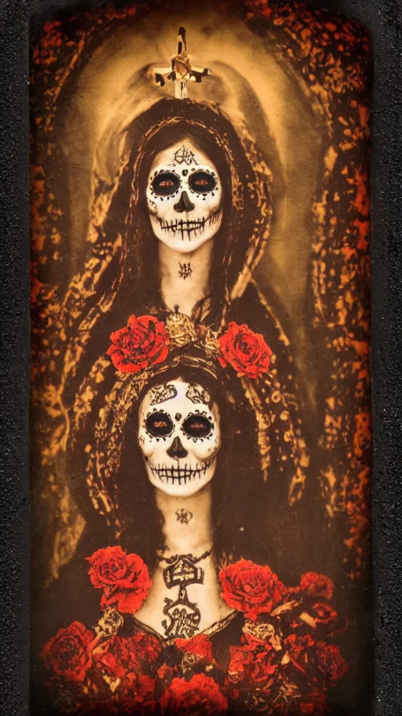 Image similar to tintype full body view, virgin mary in dia de muertos dress and make up, horrific beautiful vibe, evocative, atmospheric lighting, painted, intricate, highly detailed,