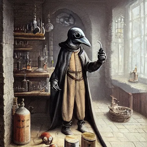 Prompt: plague doctor working in medieval apothecary wearing gloves, bird beak, magical alchemy laboratory, oil painting, by Greg Rutkowski