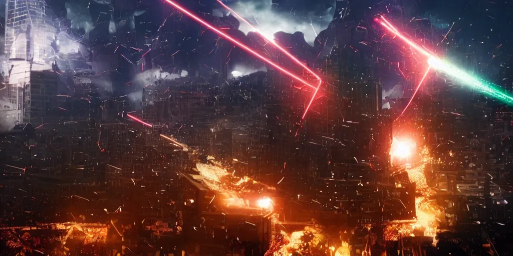 Image similar to gigantic morgan freeman destroying a city throwing lasers from his eyes, night, realism, 4 k, octane render, award winning photograph, realistic, cinematic shot