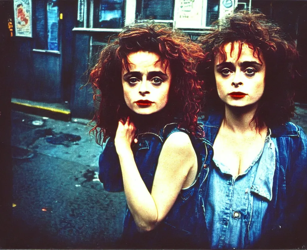 Image similar to closeup of young Helena Bonham Carter on the lower east side, Polaroid, raining!!!, nightime, colorful, 1970s, photorealistic, atmospheric,