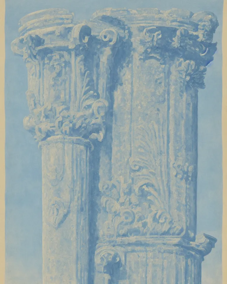 Prompt: achingly beautiful print of intricate ancient roman corinthian capital on a baby blue background by rene magritte, monet, and turner.