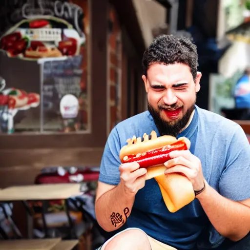 Prompt: man eating a hotdog