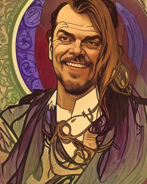Image similar to a portrait painting of ( ( ( jack nicholson ) ) ) in the style of alphonse mucha!!!