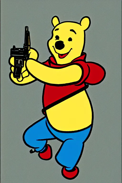 Image similar to Winnie the Pooh as cyberpunk killer with gun painted on Taro card, digital art, sharp, bright colors