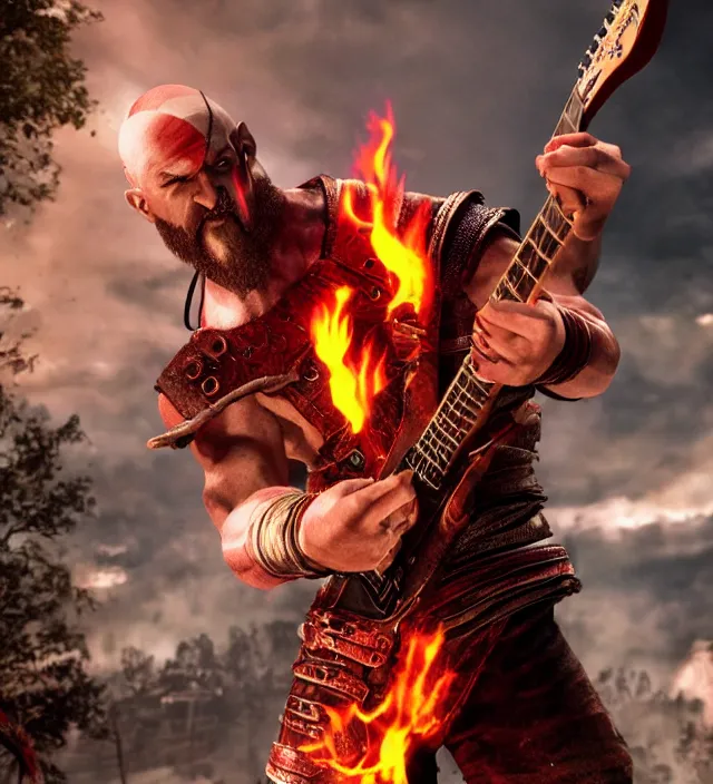 Image similar to kratos shredding on a flaming stratocaster guitar, cinematic render, god of war 2 0 1 8, santa monica studio official media, lightning, stripe over eye