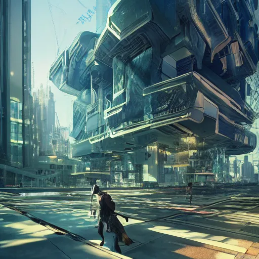 Image similar to neo brutralism, futuristic architectural art, colorful, hyperrealistic, cgsociety, octane render, 8k, realistic depth, 3D feeling, sunlight, shadows, reflections, romanticism, artstation, concept art, wallpaper, dark blue and green tones, in the style of Akihiko Yoshida and Craig Mullins